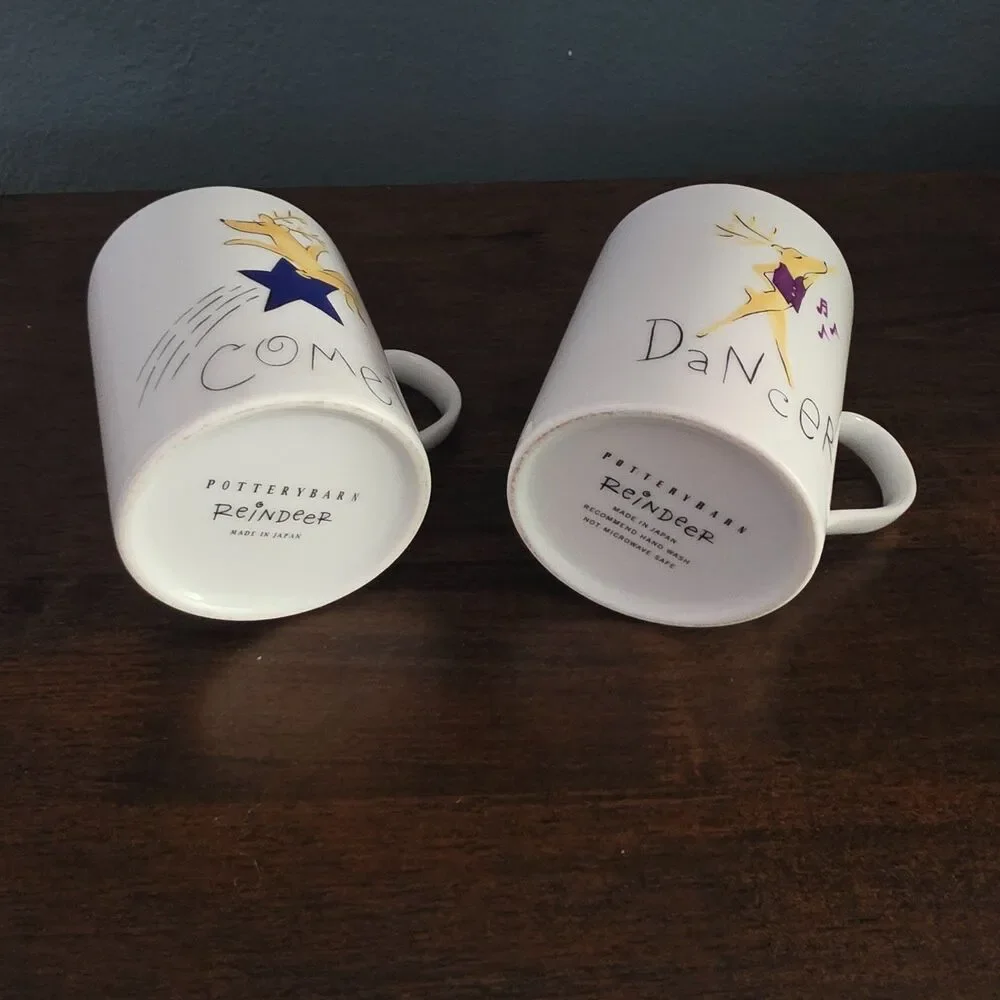Vintage 2 Pottery Barn Christmas Reindeer Mugs Dancer Comet w/Silver Rims
